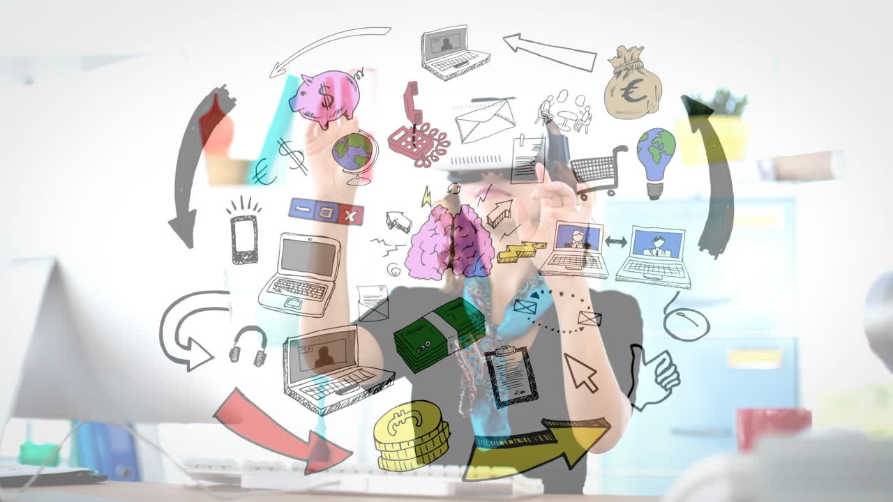 컴퓨터에서 일하는 사람 위에 기술 및 금융 아이콘의 도들