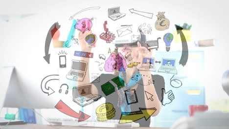 dibujos de iconos de tecnología y finanzas sobre personas que trabajan en la computadora