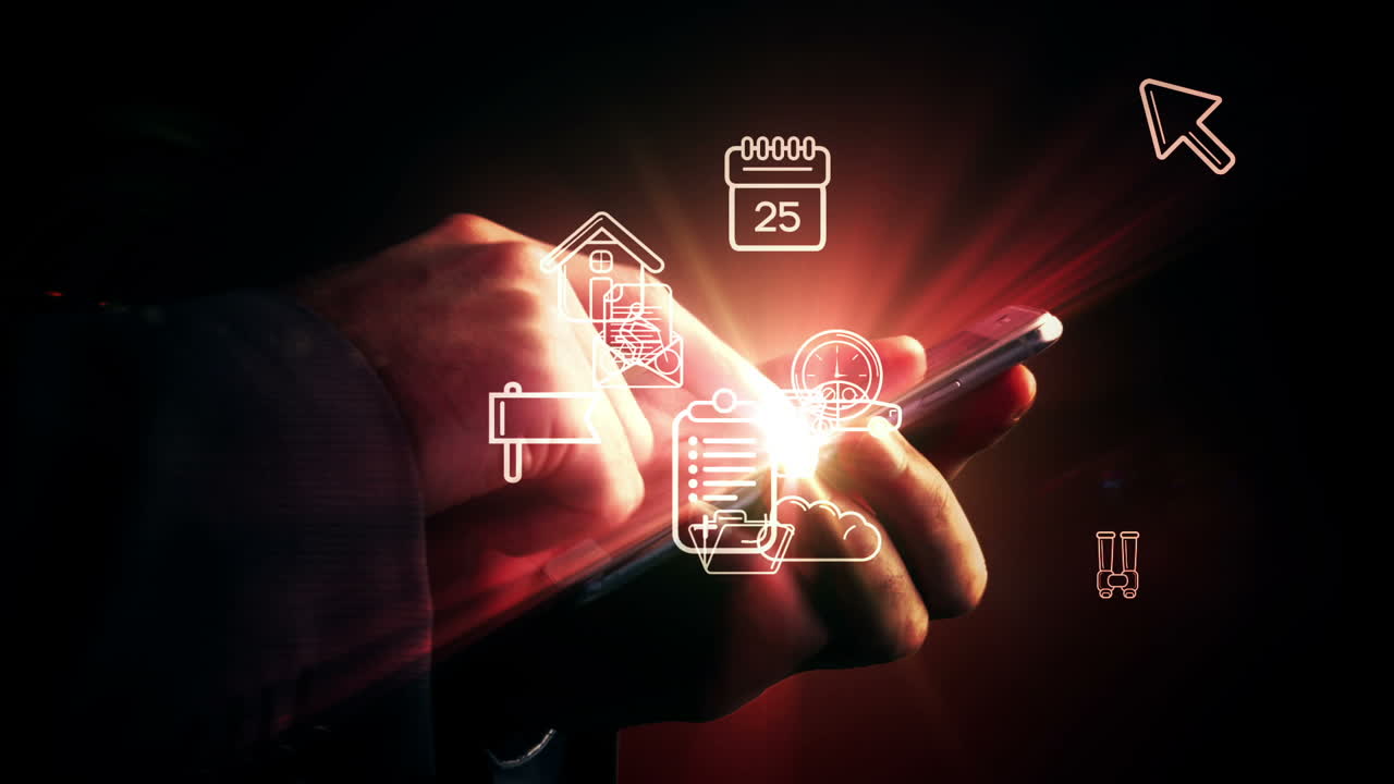 hombre usando teléfono inteligente con aplicaciones holográficas