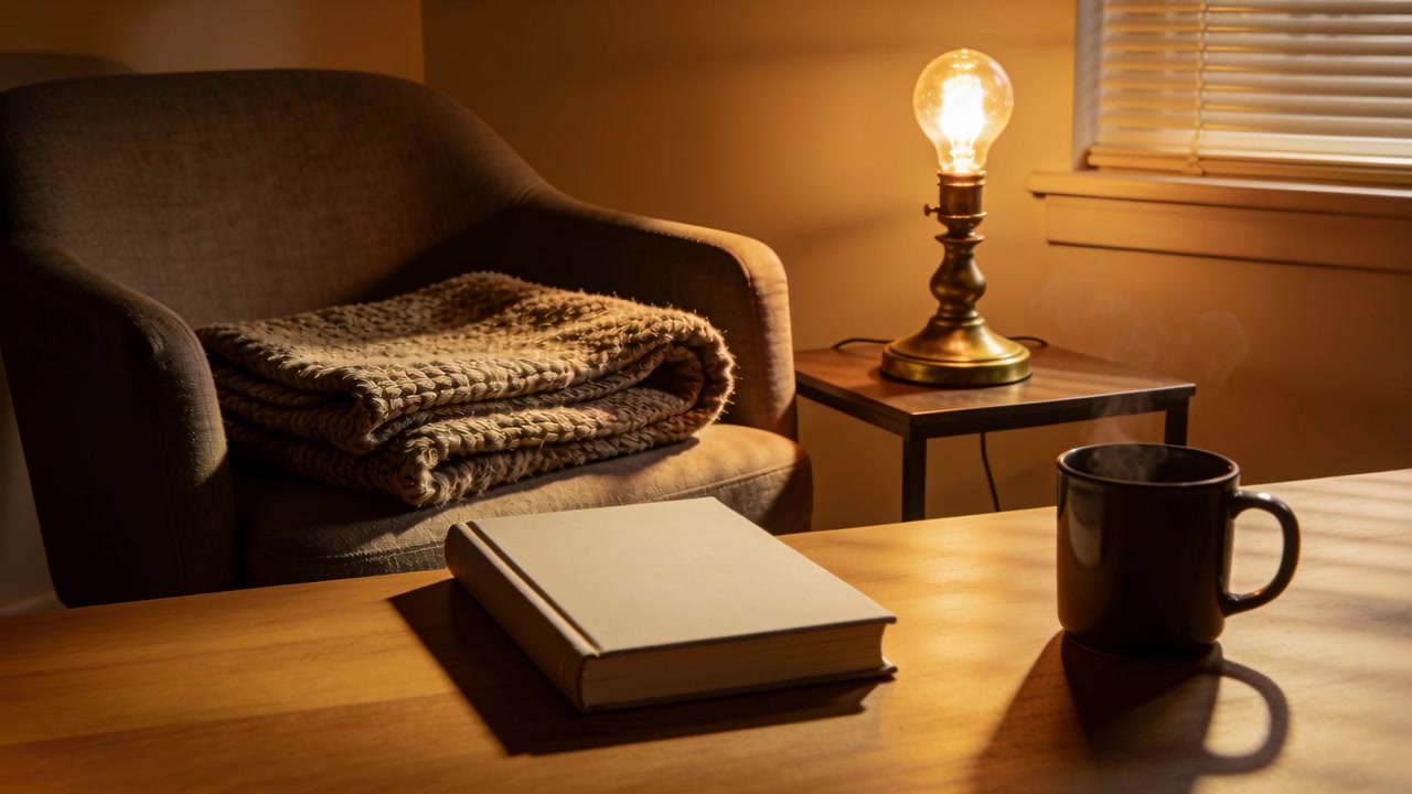 Brass lamp glowing and casting amber light in cozy reading nook, with closed book and mug