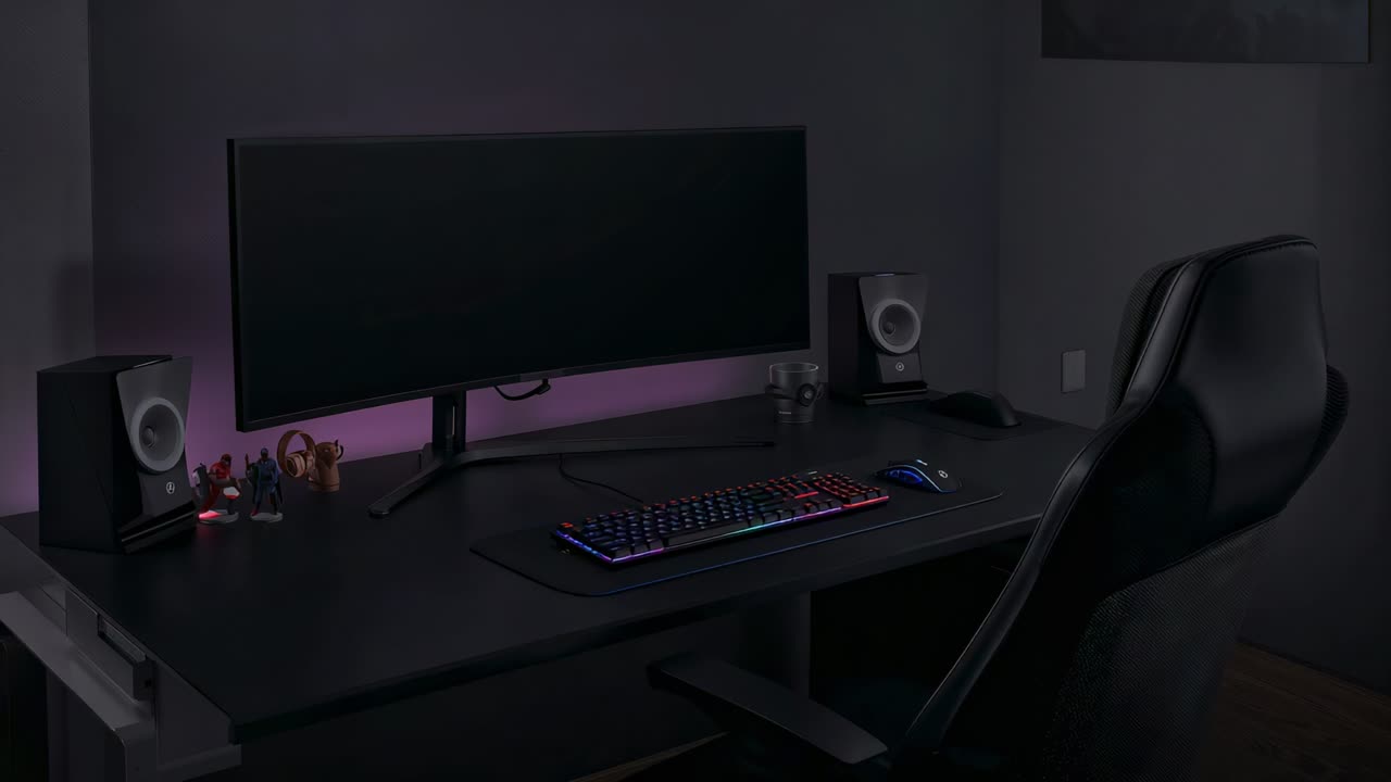 Starting LED cycle, ultrawide monitor workstation keyboard and mouse changing colors at home office