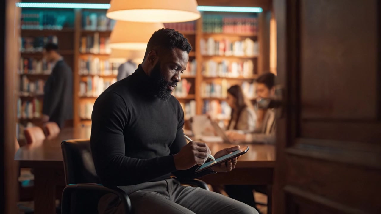 Focused Individual in a Library Writing Thoughtfully, Surrounded by Books and Other People Engaged in Study, Demonstrating Productivity and Learning Atmosphere