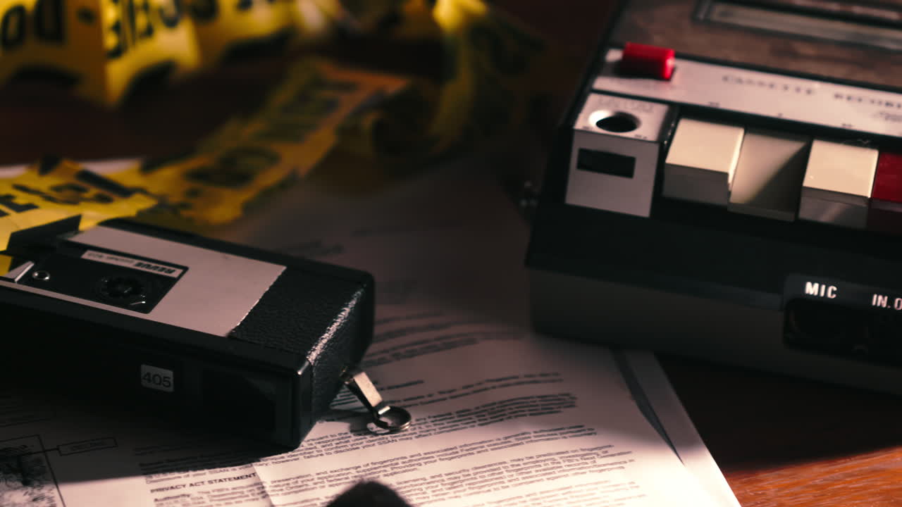 Smooth pan reveals retro tape cassette recording with yellow police tape, perfect for crime scenes, investigations, detective stories, or true-crime documentary visuals