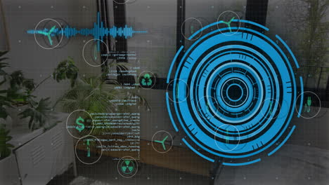 Animation of data processing and scope scanning over room