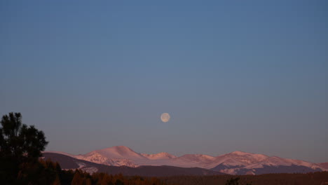 Vollmond-Sonnenaufgang-Morgen-Erstes-Licht-Berg-Blauer-Himmel-Evans-Colorado-Marshdale-Immergrün-Goldener-Nadelbaum-Vordere-Kette-Kontinentale-Scheide-Amerikas-Kalter-Knackiger-Winter-Vögel-Filmisch-Langsam-Nach-Unten-Schwenken-