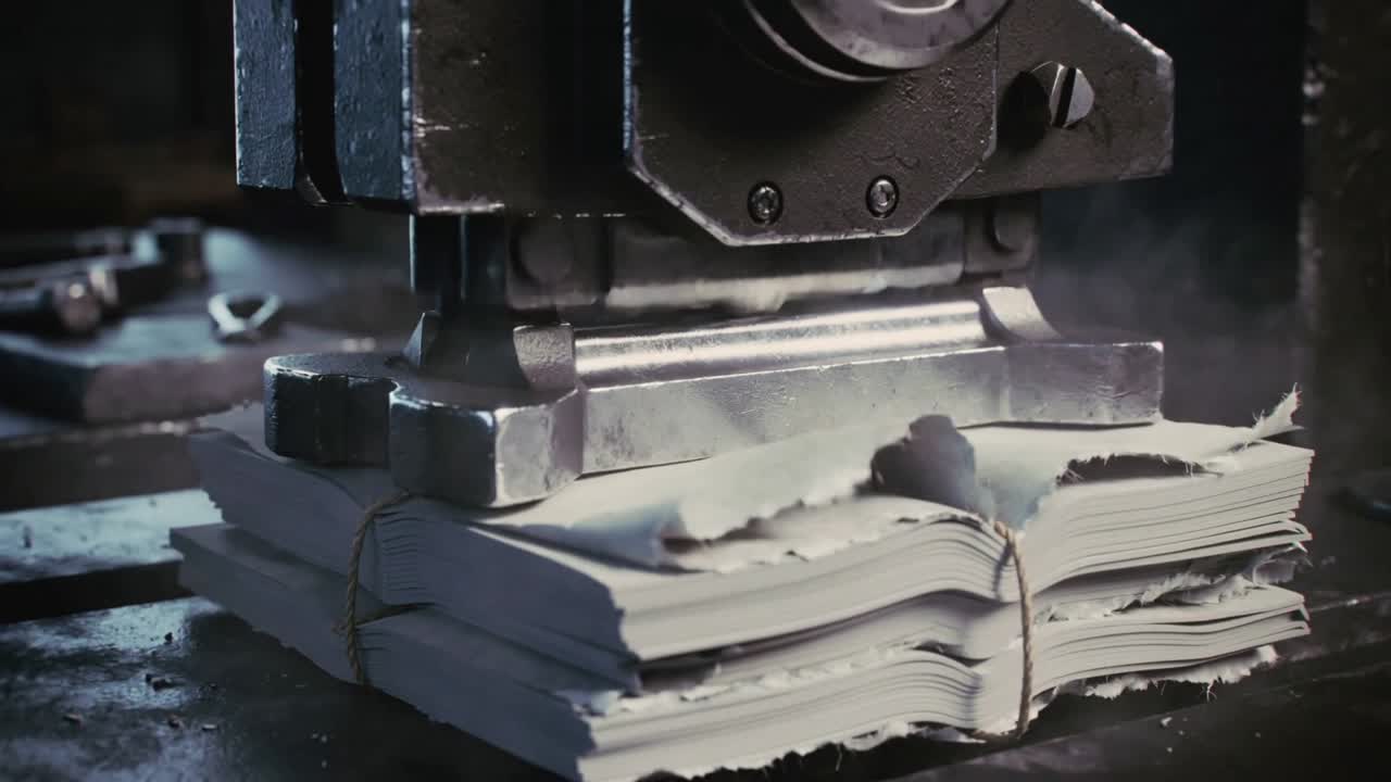 Lowering press head, press punching through stack of folded paper tied with string on platen