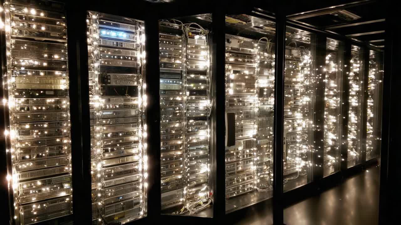A Stunning Display of Modern Server Technology Illuminated with Lights, Showcasing the Intricate Design and Functionality of Data Storage Infrastructure