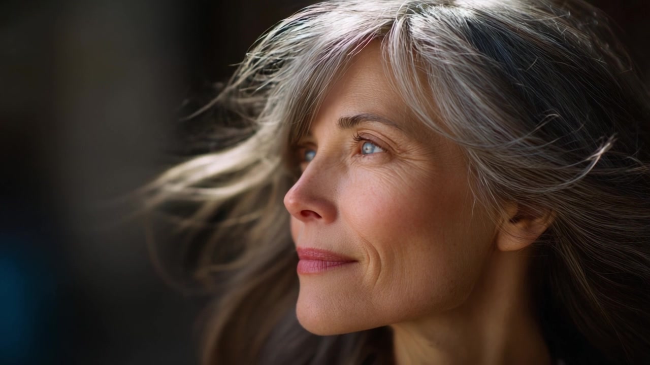 Captivating Portrait of a Woman with Flowing Silver Hair in Natural Light, Highlighting Beauty, Grace, and the Confidence of Aging Gracefully over Time