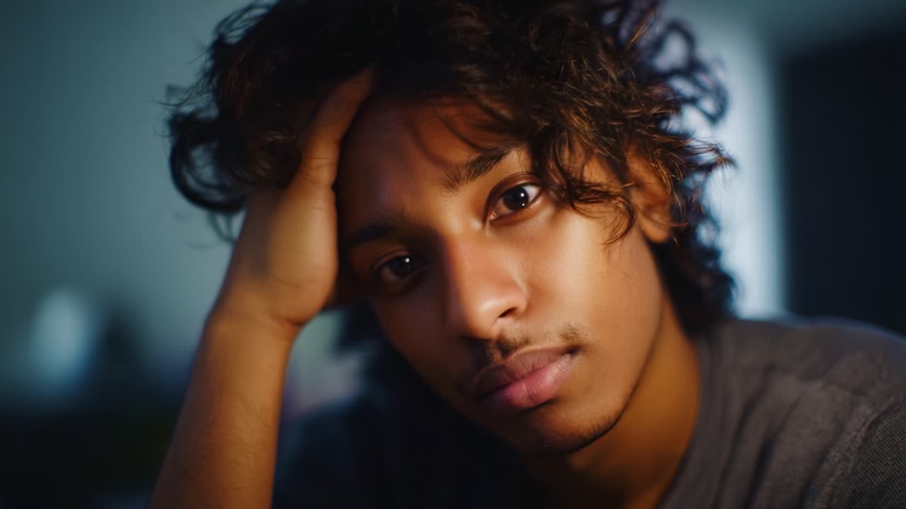 Un giovane uomo con i capelli ricci guarda pensieroso, ritraendo emozioni di riflessione e introspezione in una stanza con illuminazione soffusa, catturando un momento di quiete