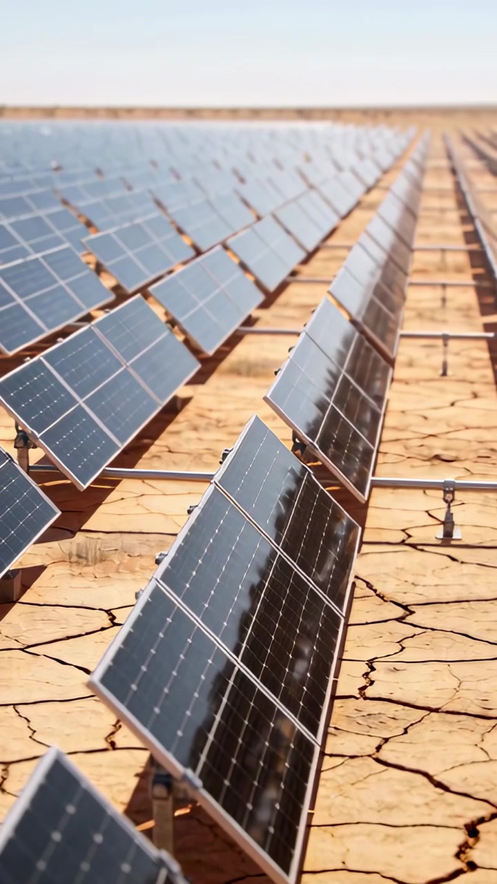 Video verticale: Telecamera che si allontana rivelando pannelli fotovoltaici su supporti in una fattoria, terreno screpolato che mostra le dimensioni