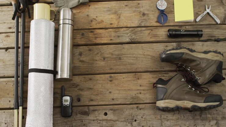 Equipamento de camping com garrafa térmica, papel alumínio, lanterna, botas e espaço para texto em fundo de madeira