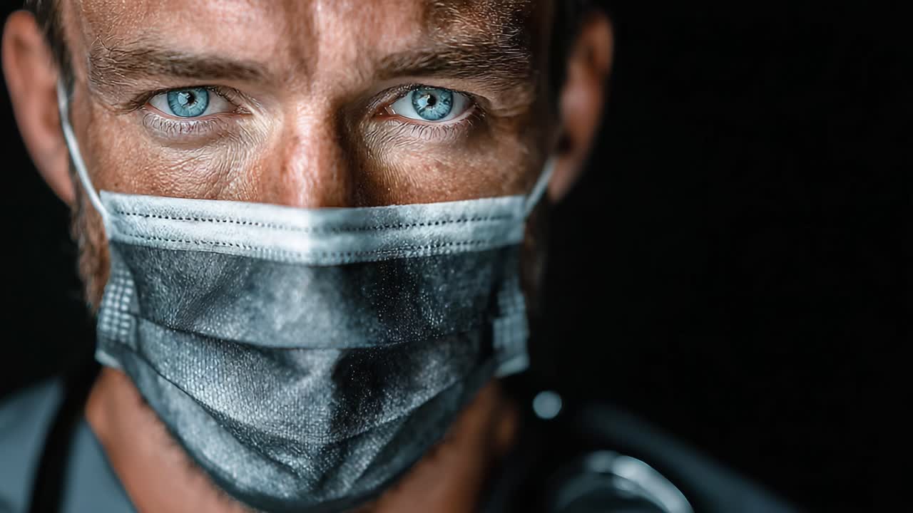 Intense Close-Up of a Man with Striking Blue Eyes Wearing a Face Mask, Highlighting Emotion and Resilience Amidst Challenging Times