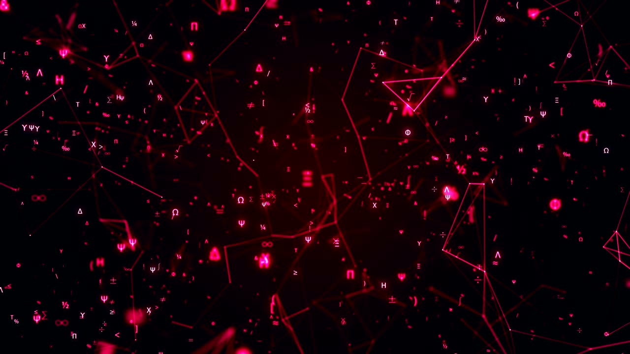 animación futurista digital con símbolos matemáticos y físicos y cuadrícula de red de malla