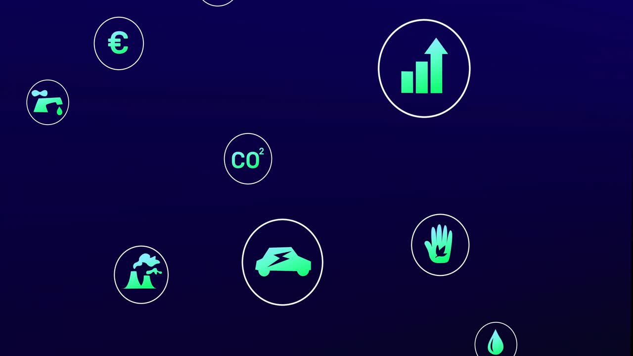 Futuristic CO? label appearing and starting dashboard cycling icons swirling to link metrics