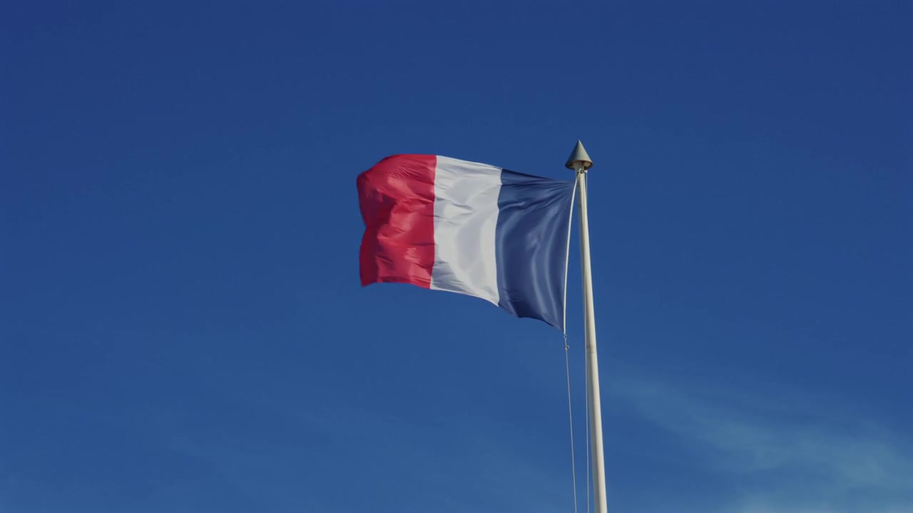 Bandiera francese che sventola su un albero contro un cielo azzurro limpido, creando un dettaglio di viaggio costiero patriottico