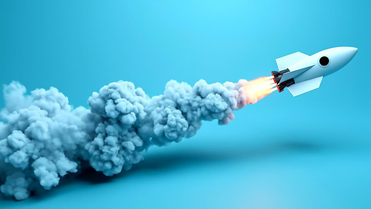 Fumo blu dal lancio di un razzo. Un razzo si muove verso l'alto rilasciando fumo e fiamme su uno sfondo blu brillante durante il giorno