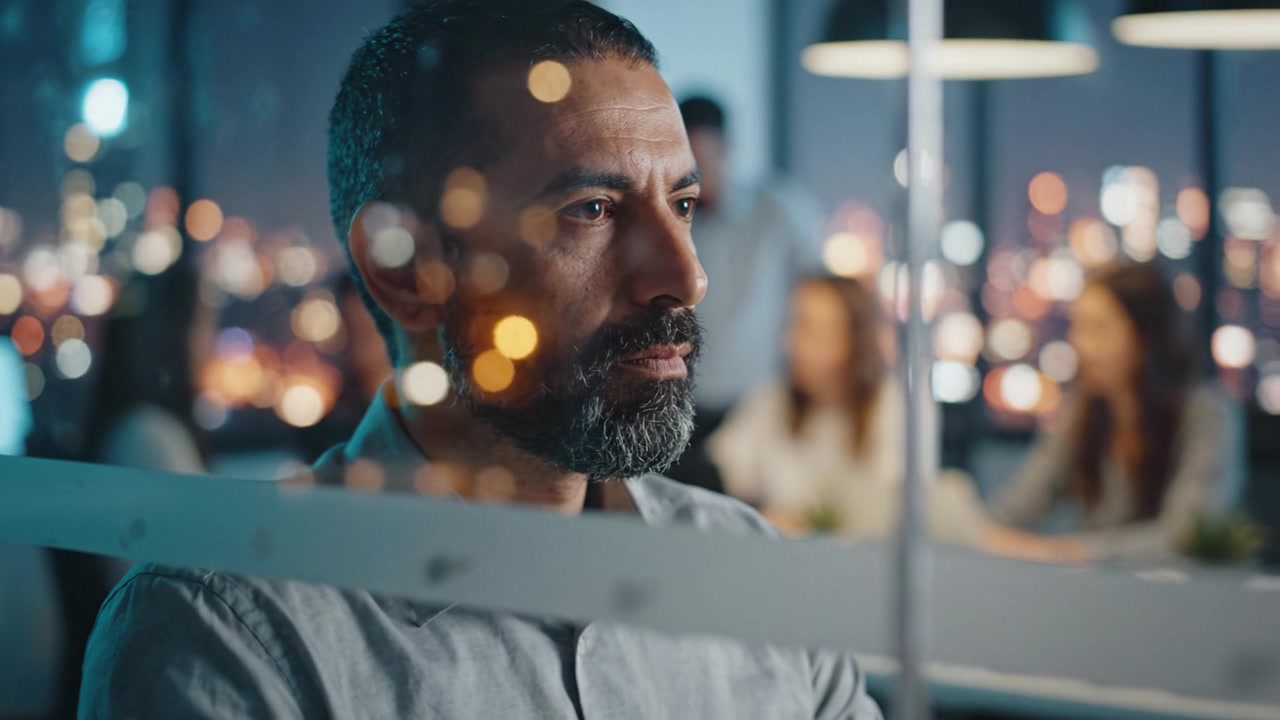 Focused Professional Contemplating Future During Nighttime Meeting with City Lights as Background Highlighting a Serious Atmosphere of Innovation and Strategy