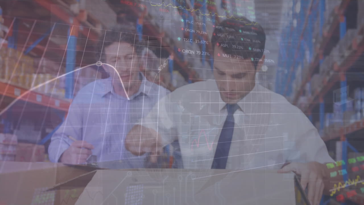 animación de gráficos estadísticos sobre hombres caucásicos trabajadores en el almacén