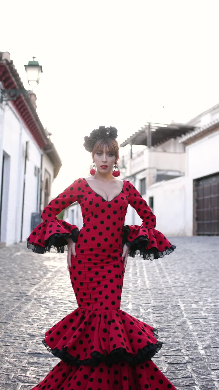 Elegante Frau in traditionellem rotem Flamenco-Kleid posiert auf Kopfsteinpflasterstraße