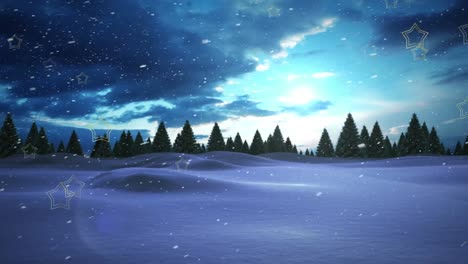 Animation-of-star-icons-and-snow-falling-over-trees-on-winter-landscape