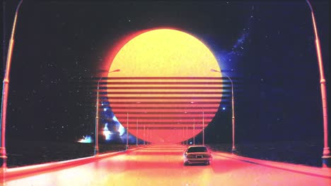 retro car ride, video game background, large moon above road, distortion effect