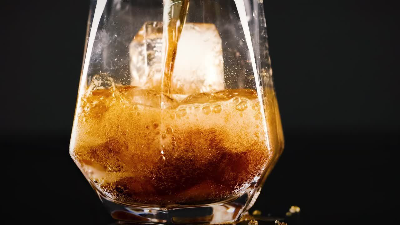 cola siendo vertida sobre el hielo en un vaso