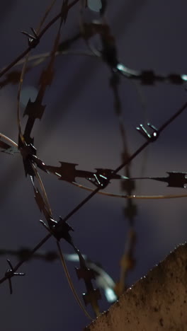 close-up of barbed wire at night