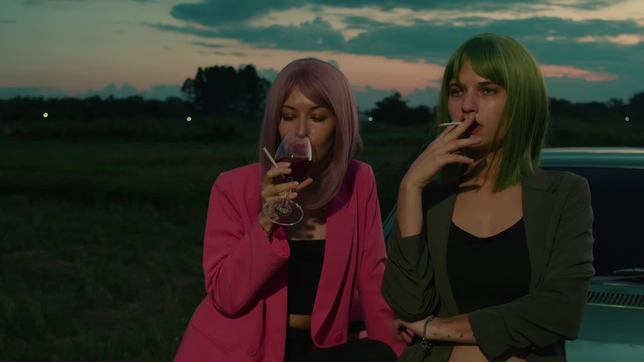 Two Women Relaxing by a Retro Car at Sunset