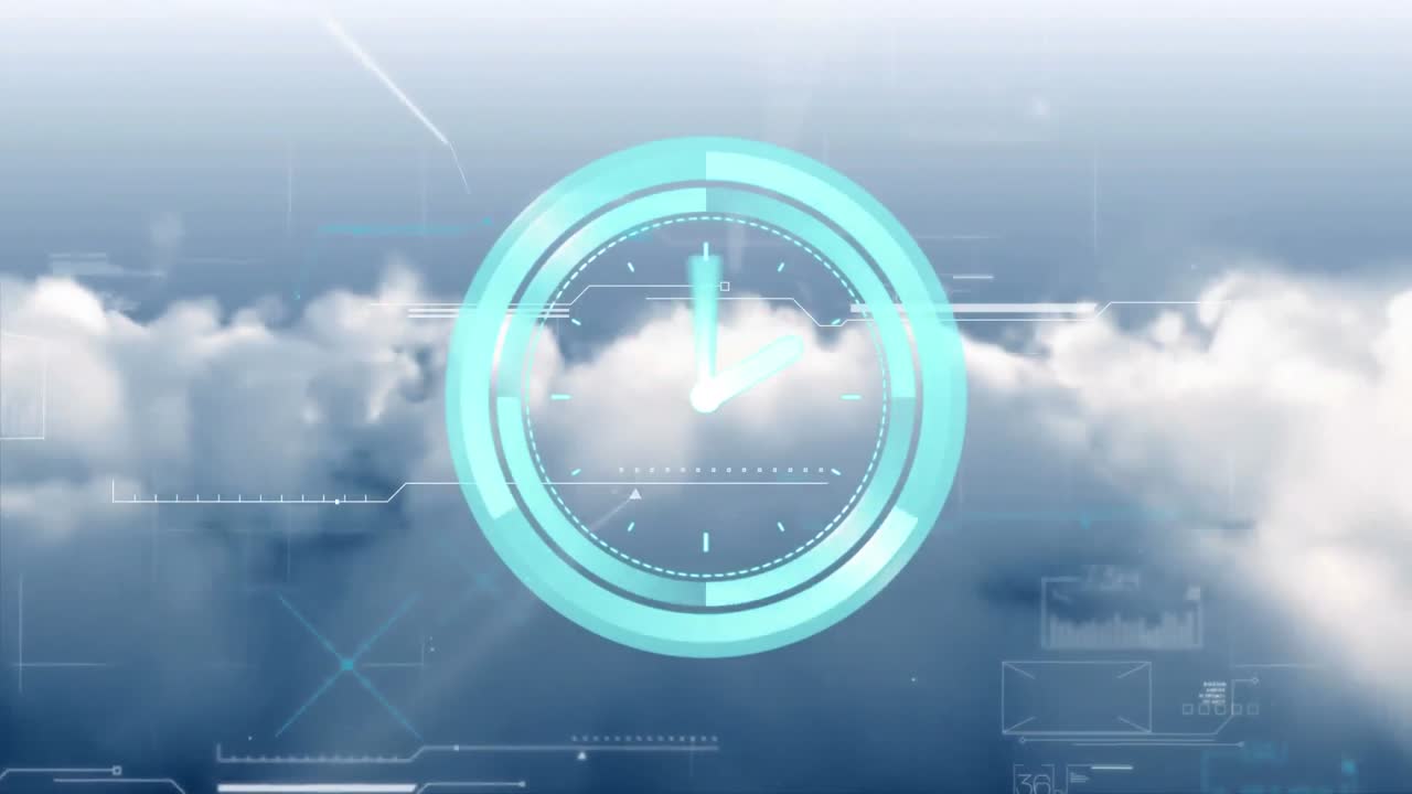 animación del movimiento del reloj y el procesamiento de datos sobre un cielo nublado