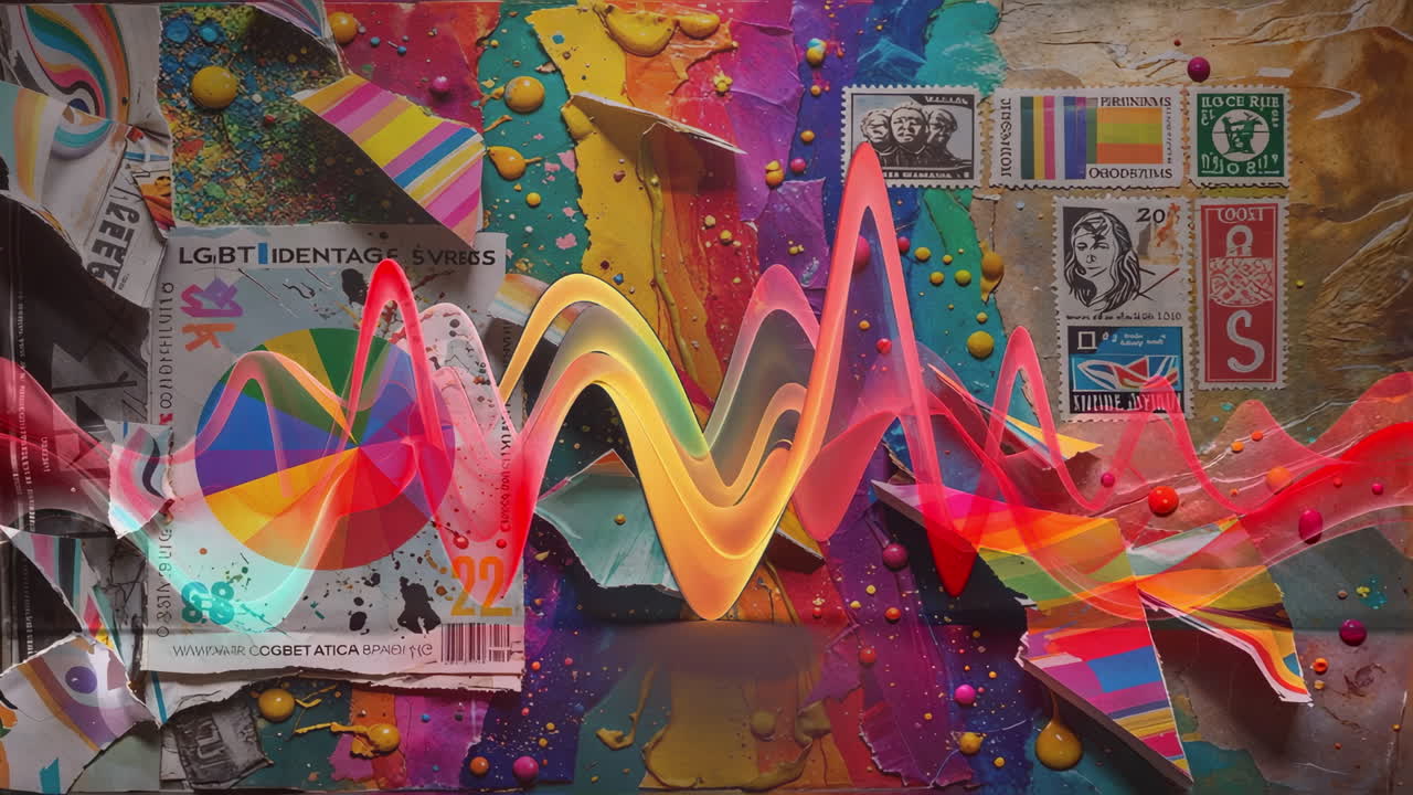 Vibrant Abstract Collage with Rainbow Colors and Dynamic Sound Wave Graphic