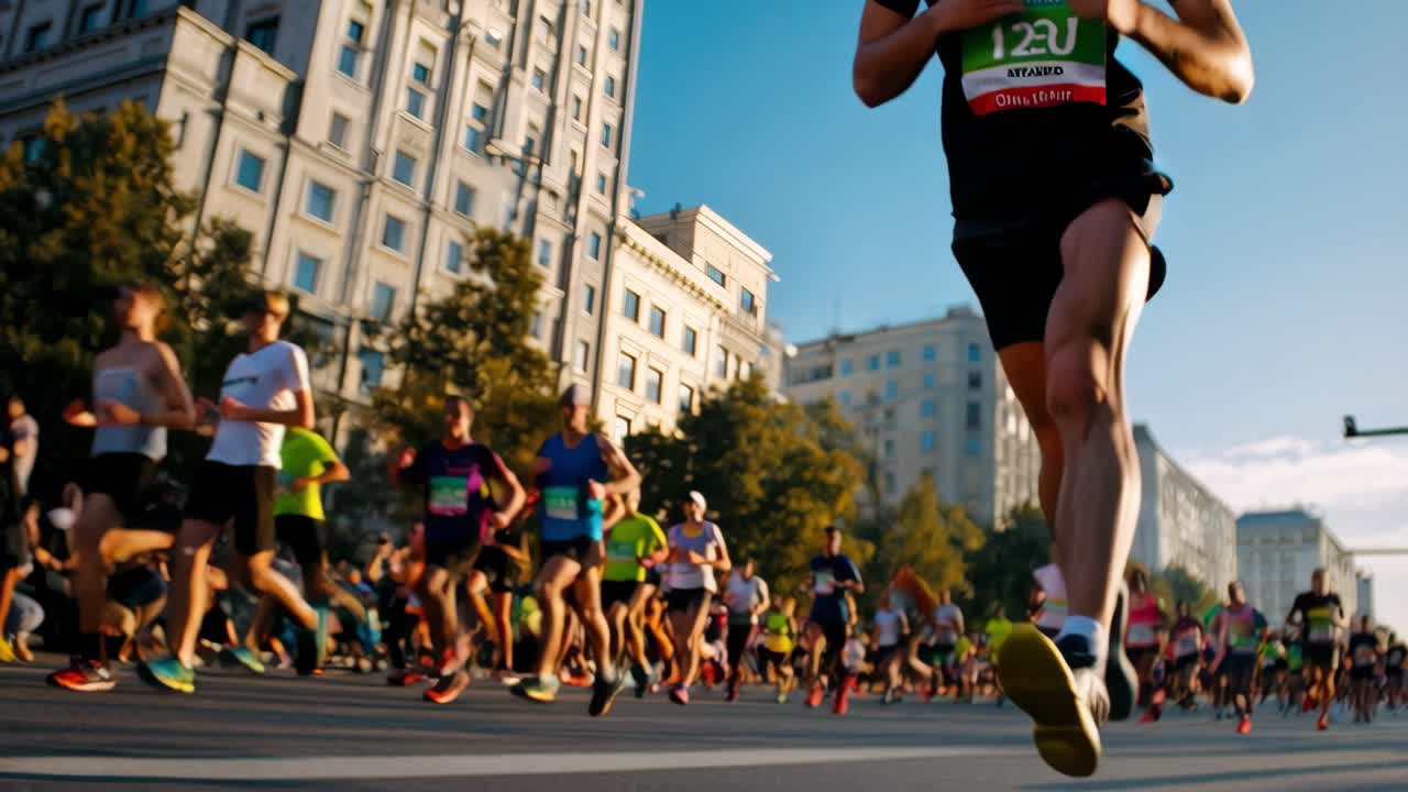 Marathon runners striding energetically along urban street, low angle view highlighting muscular legs, racing shoes against backdrop of city skyline under bright sunlight