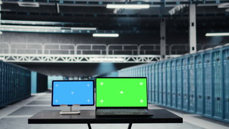 chroma key devices in high tech data center facility with rows of server rigs
