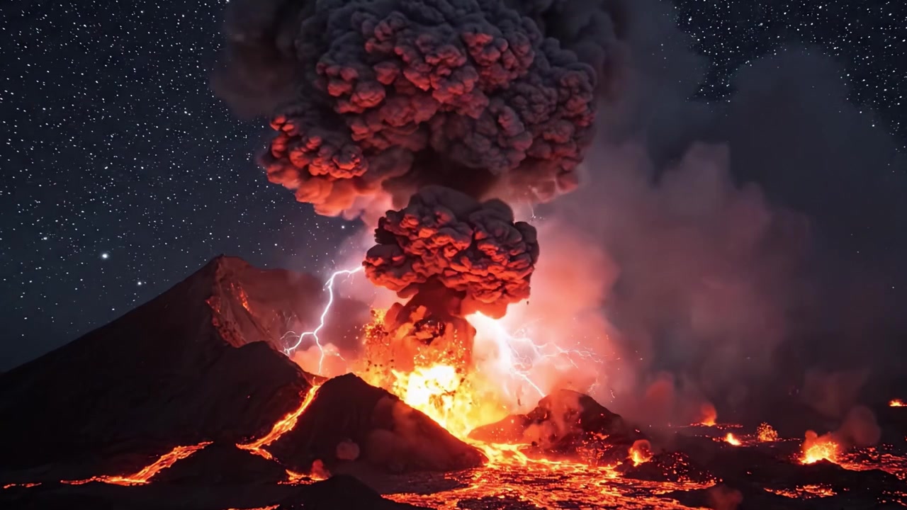 Et betagende vulkanutbrudd om natten, som viser levende lavastrømmer, tårnhøye askeskyer og en stjerneklar himmel, og skaper et ærefryktinngytende naturskue av ild og jord