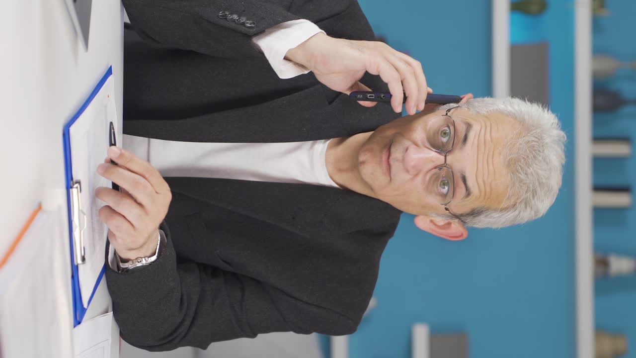 Vertikal video: Mandlig hjemmekontormedarbejder modtager gode nyheder.