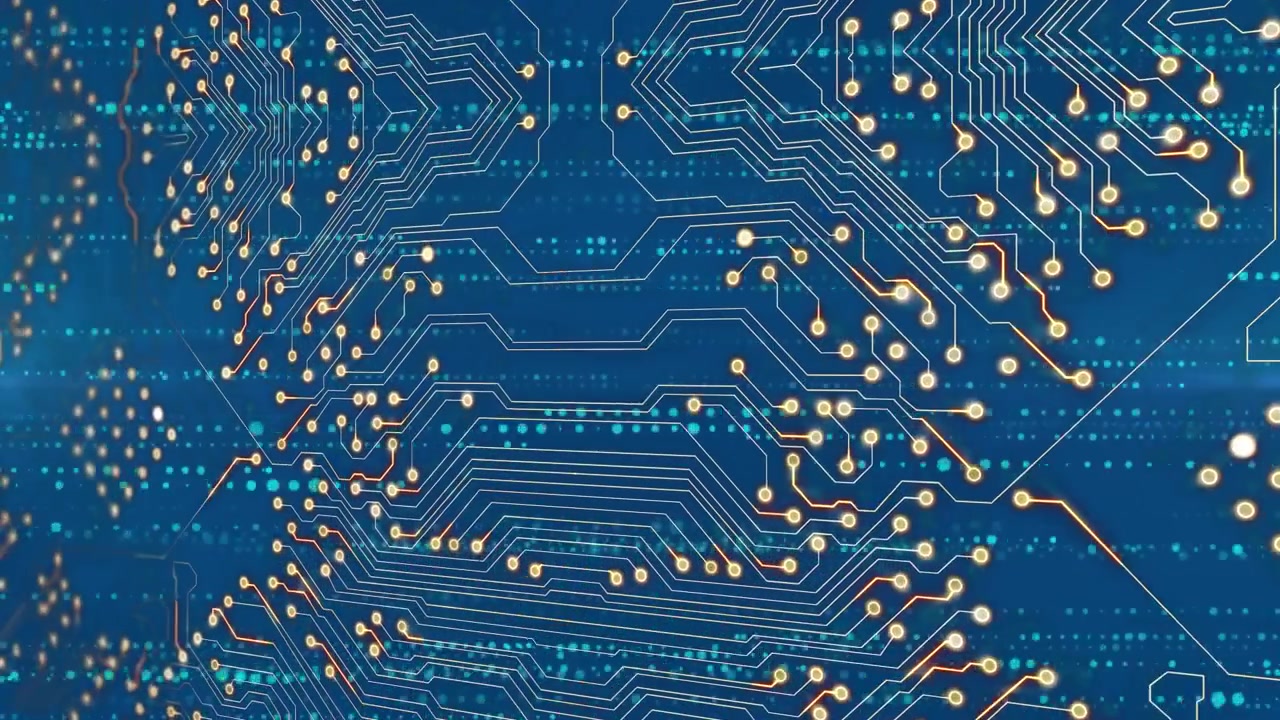 Animation of blue dots over integrated circuit on blue background