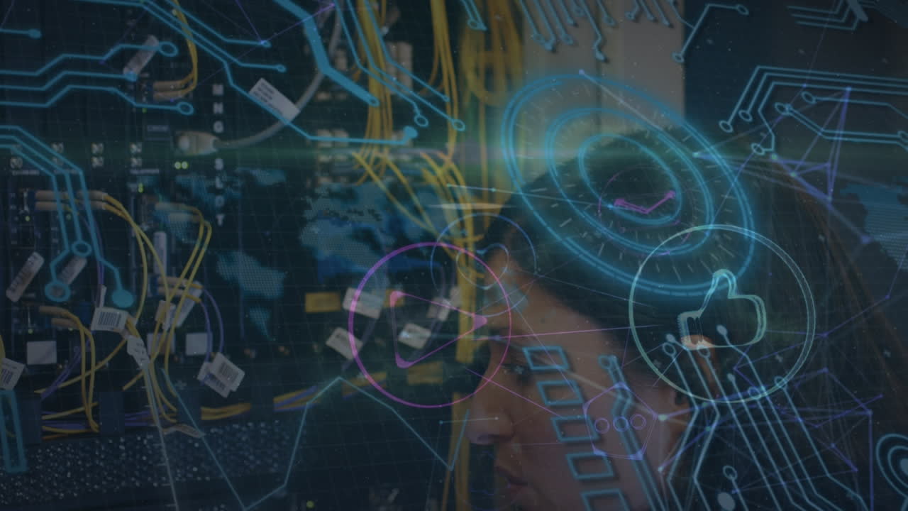 animación de circuitos integrados y círculos de procesamiento a través de cables de computadora
