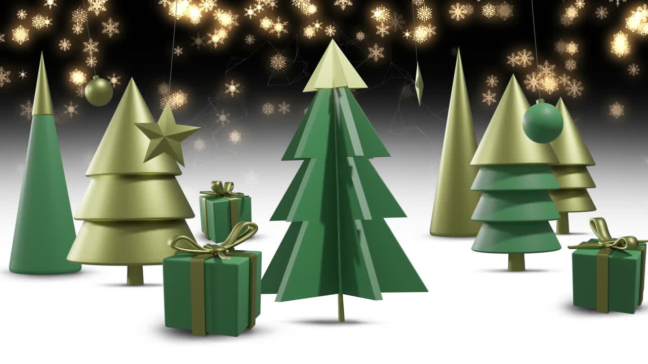 바탕에 크리스마스 장식물 위에 내리는 눈의 애니메이션