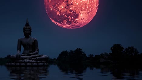 large buddha statue meditating peacefully on water, illuminated by a striking red moon. dark trees frame the serene night landscape, creating a tranquil and mystical atmosphere