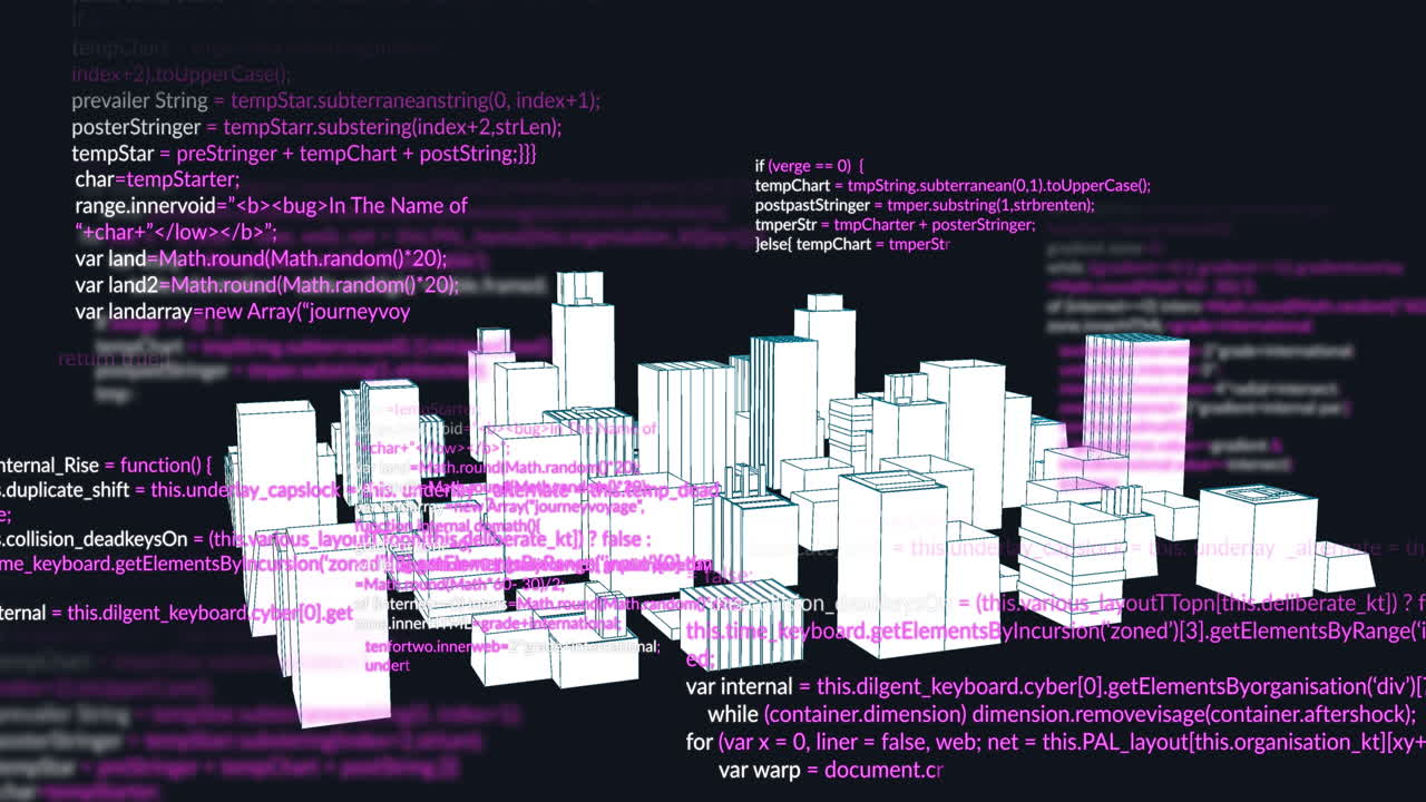 Animation of data processing and city on black background