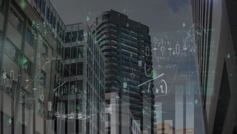 animación de fórmulas matemáticas en movimiento sobre el paisaje urbano