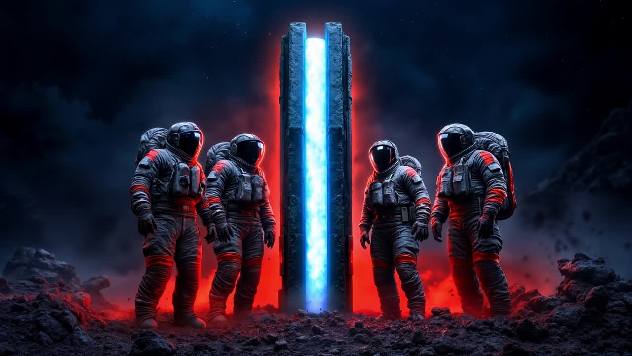 un grupo de astronautas de pie frente a una puerta en la oscuridad