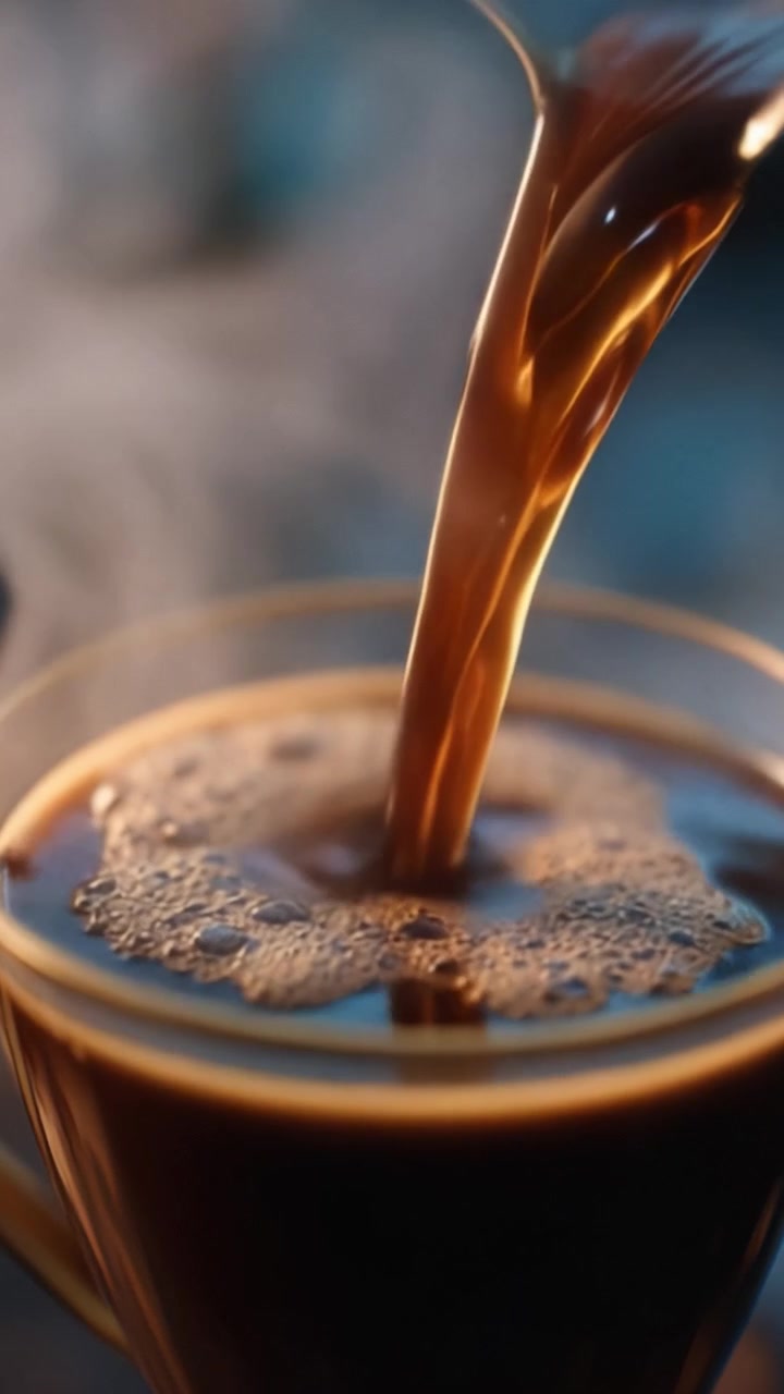 Rig, dampende kaffe hældes i en glamourøs glaskop, der viser boblende skum og varme, som fremkalder komfort og lykke i hver slurk.