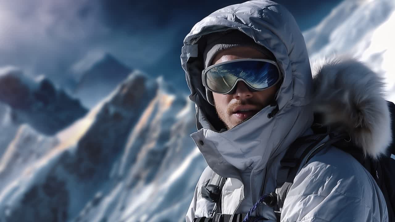 Alpinista coperto di neve davanti a cime imponenti. Gli occhiali riflettono la luce, suggerendo freddo e limpidezza. Il cappuccio foderato di pelliccia protegge da vento rigido e gelo. Lo sguardo determinato suggerisce perseveranza.