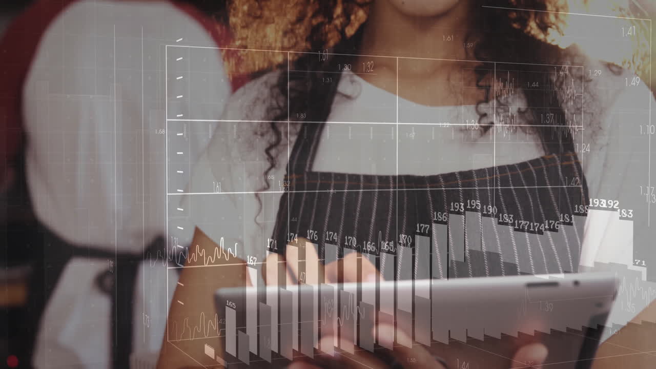 female barista checking tablet while bar chart overlay showing sales growth in cafe business