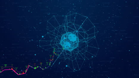 Animation-of-graphs-over-connected-dots-around-globe-against-black-background