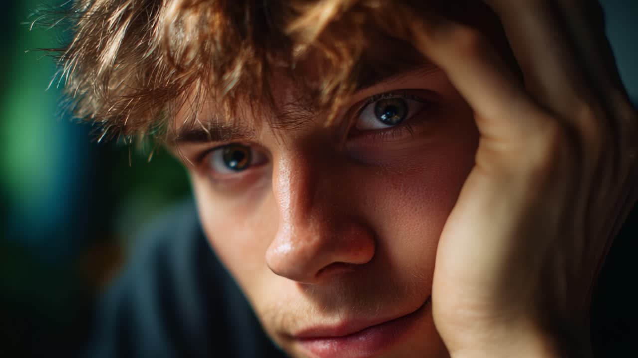 A Close-Up Portrait of a Thoughtful Young Man with Intense Eyes and Messy Hair, Capturing an Emotionally Reflective Moment in Natural Soft Lighting
