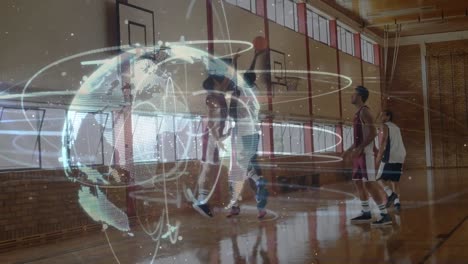 Animation-of-network-of-connections-and-globe-over-basketball-match-in-gym