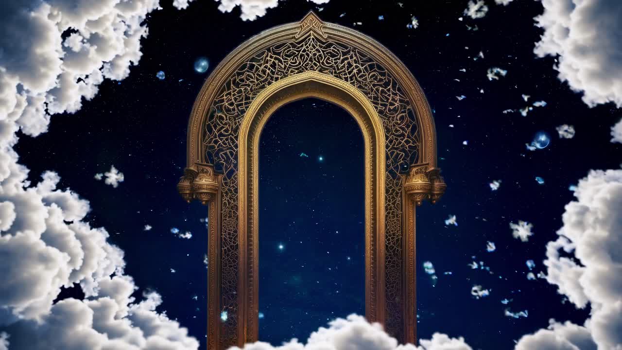 A mystical archway opens to a starry sky above clouds, captured from a low angle