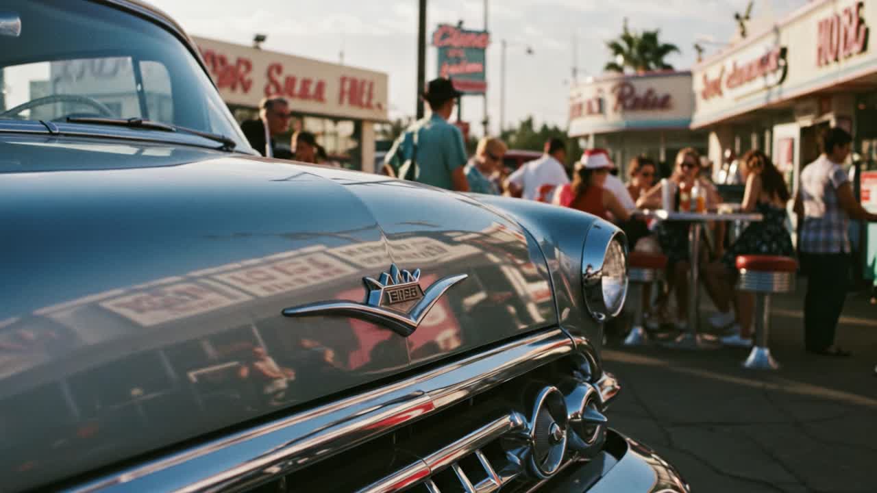Charming Classic Car at a Retro Diner with Vibrant Atmosphere and Engaging Crowd in the Background