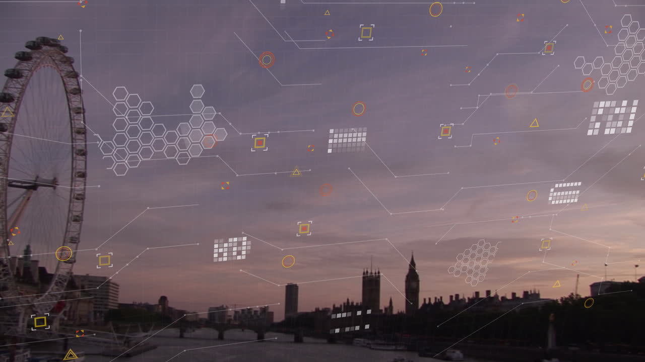 animación del procesamiento de datos financieros sobre el paisaje urbano de londres